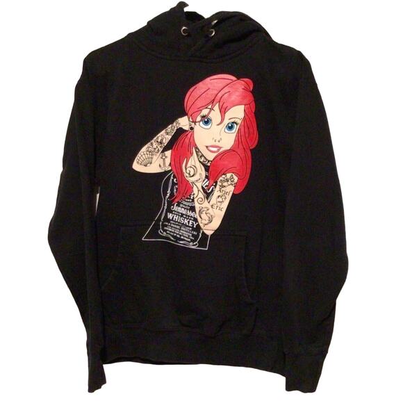 Ten Mermaid Ariel Punk Tattoos JD Whiskey Black Hoodie Sweatshirt Size Small - Picture 1 of 5